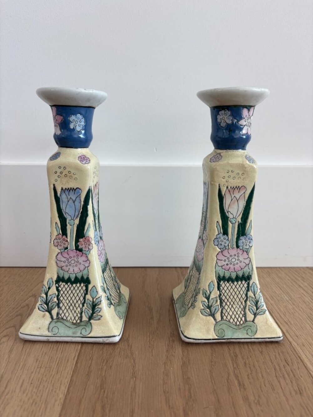 Vintage Chinese Porcelain Candle Holders Pair